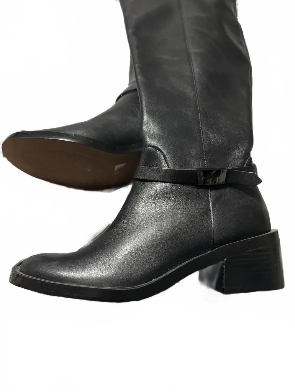 L.Paolo Black knee-high Leather Boots Block Heel 6
